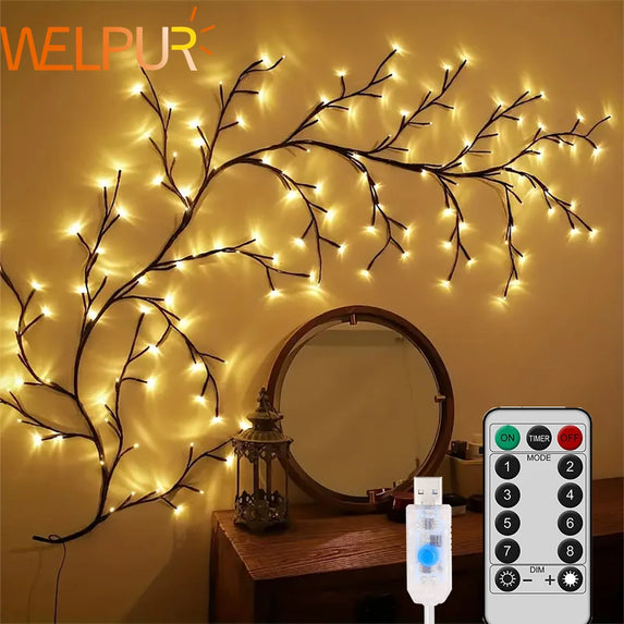 96LED Tree Branch Lamp Bedroom Wall Decoration Willow Vine Tree Light Strip 8 Lighting Modes DIY Atmosphere Light Home Lighting