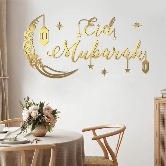 Eid Mubarak Gold Acrylic Wall Sticker Ramadan Kareem Large Mirror Wall Decal