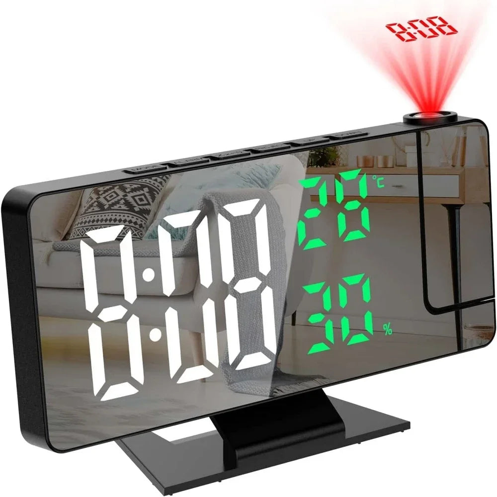 180° Arm Projection Digital Alarm Clock Temperature Humidity Night Mode Snooze 12/24H USB Powered Projector Table LED Clock