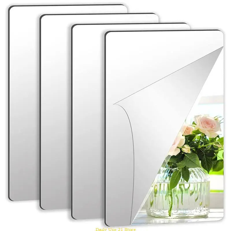 4pcs Acrylic Mirror Sheets Flexible Non Glass Mirror Tiles with 16pcs Adhesive Stickers for Home Wall Decor