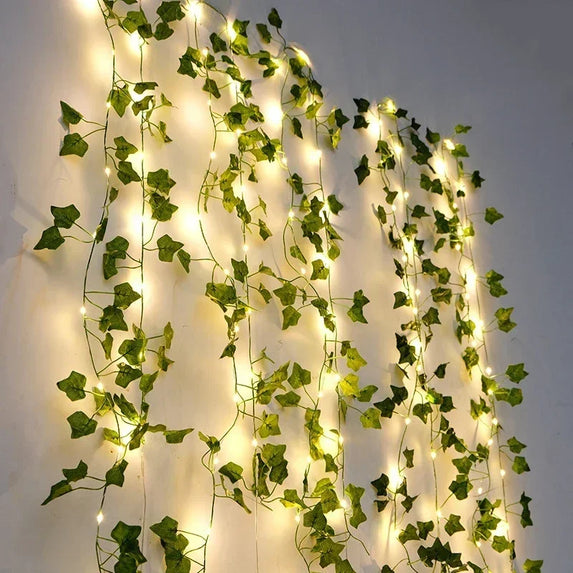 2.3m Silk Leaves Fake Creeper Green Leaf Ivy Vine 3m LED String Lights