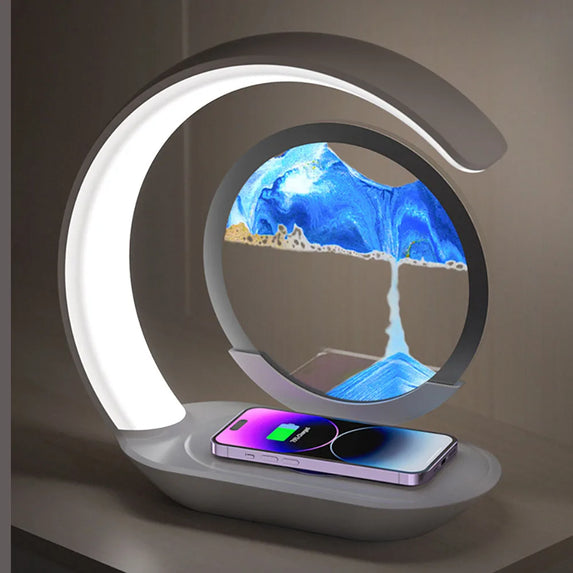 Quicksand Table Lamp Wireless Charging Desk Lamp 3D Hourglass Ornaments Sand Painting Night Light for Office Room Decoration